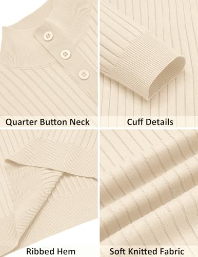COOFANDY Mens Quarter Button Sweater Long Sleeve Stand Collar Sweaters Casual Knitted Ribbed Dress Pullover - color: Beige, size: X-Large