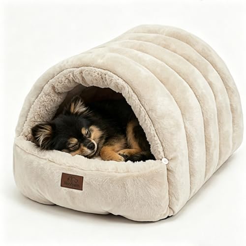 Covered Cat Bed Cave for Indoor Cats, 2-in-1 Enclosed Pet Bed for Small Dogs and Kittens with Zippered Washable Cat Mats, Cat House Bed, Beige - color: Beige, size: 23.6x18.9