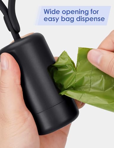 Gobeigo Dog Poop Bag Holder【Convenient Hook for Used Bags】【Silicone Strap Fits Any Leash】【Large Opening for Easy Dispensing】with 1 Roll Waste Bags (Black) - color: Black