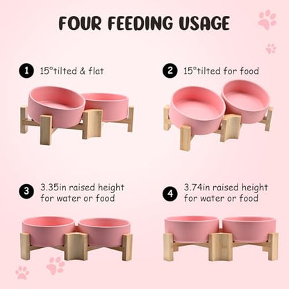 SPUNKYJUNKY 15° Slanted Ceramic Dog and Cat Bowl with Wooden Stand, Tilted Bulldog Food and Water Bowl No Slip Non-Spill for Cats Medium Dogs Big Face Pets 13.5 OZ (1.7 Cups, Pink × 2) - color: Pink, size: 1.7 CUPS × 2