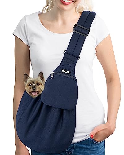 SlowTon Dog Carrier Sling - Thick Padded Shoulder Strap Adjustable Dog Carriers for Small Dogs, Puppy Carrier Purse for Pet Cat with Front Zipper Pocket Safety Belt Machine Washable (DBL, M) - color: F-Navy Knitted Fabric