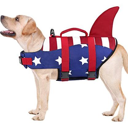 Malier Dog Life Jacket, Ripstop American Flag Vest for Swimming Boating, Puppy Shark Jacket with High Buoyancy Swimsuit Small Medium and Large Dogs (Large, Red & Dark Blue) - color: Red & Dark blue, size: Large