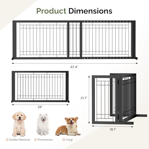 Outvita Free Standing Dog Gate, 21" Height Pet Gate Extra Wide Dog Gates for Stairs Doorways Front Porch Fireplace, 37" - 68" Wide Metal Adjustable Pet Fence Indoor, Black