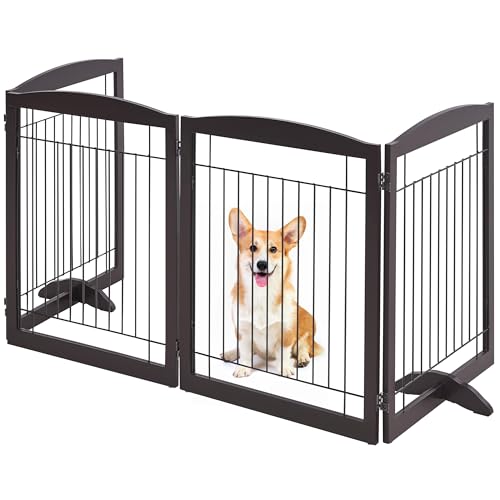 Yaheetech 32" Tall Freestanding Dog Gate, Extra Wide Pet Fence, Foldable Wire & Wooden Puppy Safety Barrier with Support Feet for House Doorway Stairs(Espresso,4 Panels)