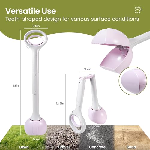Dog Pooper Scooper Portable with Bag Attachment, One Handed Foldable Design, Includes 120 Waste Bags and Dispenser, 28 Inch Handle for Grass Yard Gravel Cleanup (Purple) - color: 28in + Purple + 120 garbage bags + dispenser