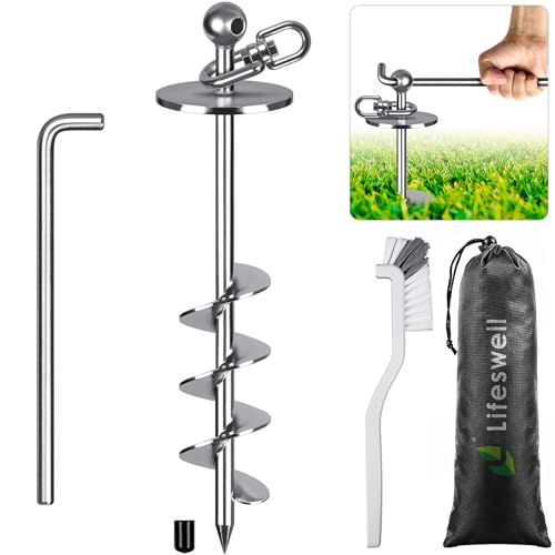 16 Inch Dog Tie Out Stake, Heavy Duty Screw in Anchor for Dogs up to 220lbs, 360° Swivel, No Tangle, Double-Sided Welded Spiral Ground Anchor for Yard, Camping, and Beach - color: Silver-E, size: Only Stake