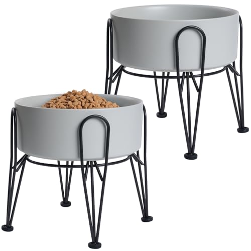 Elevated Dog Bowls, Ceramic Raised Dog Bowl Set with Anti-Slip and Non-Tip Metal Stand, 2 Pack Pet Food and Water Feeding Bowls for Small and Medium Dogs (Gray,7.6 Cups) - color: Gray, size: 7.6 Cups | 2 Pack | For Large Dogs