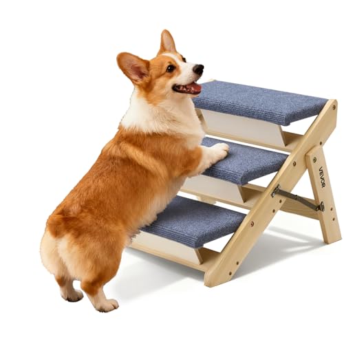 VEVOR Wood Pet Stairs, 3-Step Dog Stairs for Beds, Sofa & Cars, 150lbs Load Capacity, Floded Flat Design, Stable & Sturdy Cat & Dog Step Ladder for Small Medium Large Older Pet Puppy Essentials - color: Wood Color+Blue, size: 3-Step Foldable