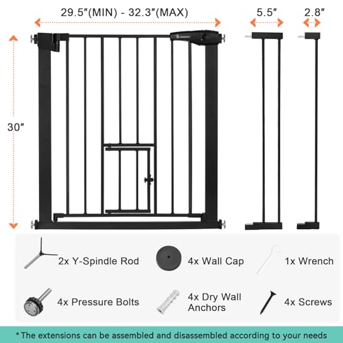 COMOMY Auto Close Pet Gate with Cat Door, 29.5"-40.5" Dog Gate for House Doorways Stairs, Pressure Mounted Easy Walk Thru Safety Gate, Includes 4 Wall Cups and 2 Extension Pieces, Black - color: Black