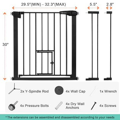 COMOMY Auto Close Pet Gate with Cat Door, 29.5"-40.5" Dog Gate for House Doorways Stairs, Pressure Mounted Easy Walk Thru Safety Gate, Includes 4 Wall Cups and 2 Extension Pieces, Black - color: Black