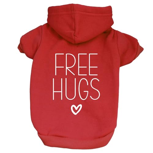 Free Hugs Dog Hoodie | Fleece Lined |Leash Hole| Valentine's Day | Love & Hearts|Red, Medium 379 - color: Red-Hoodie, size: Medium (6-12lbs)