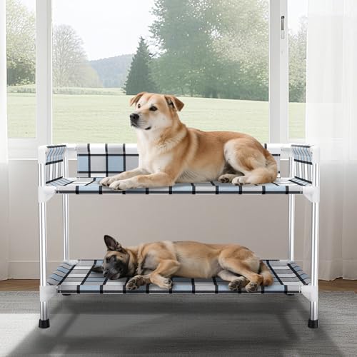 Bedside Window Dog Bunk Bed - Double Elevated Human Dog Bed with Guardrail 2 Layers Window Perch Dogs Cot 2-Tier Bedside Sleeper for Multi-Pet Households (34" x 20" x 24", Double Layer) - size: 34" x 20" x 24"