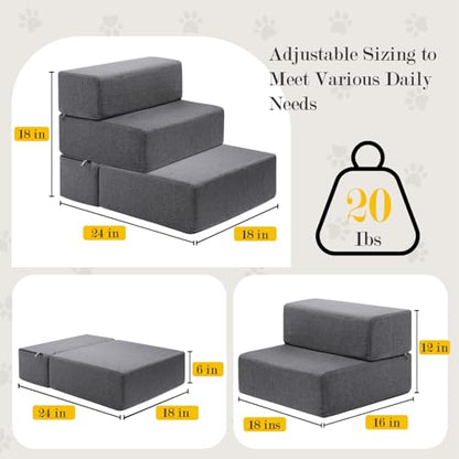 Dog Stairs for Small Dogs 12" H, Modular 2-Step Dog Steps for Bed and Couch, Non-Slip Indoor Pet Stairs for Cats, Pet Step with Washable Cover Grey - size: 2-Step 18"D x 16"W x 12"H