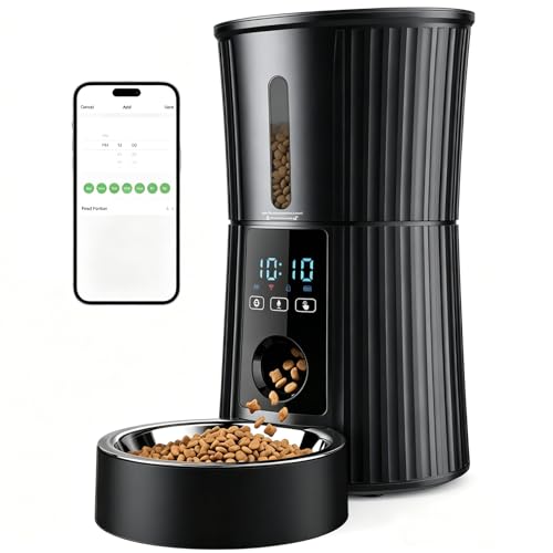 Sweetcrispy Automatic Cat Feeder, 4L/16.9 Cups 2.4G WiFi Cat Food Dispenser with APP Control, Timed Pet Feeder for Dry Food, 10 Meals/Day, 50 Portions/Meal, Voice Recorder, Dual Power Supply, Black - color: Black, size: 4L - WiFi