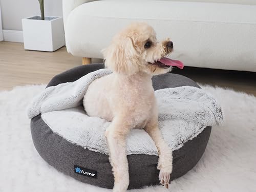 FurMe Graphite Cave Pet Bed with Blanket - Fluffy Small Dog Bed with Cover Cave for Medium Size & Small Dogs with Washable Cover, Calming & Cozy Pet Sleeping Nest