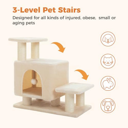 3-in-1 Dog Stairs & Cat Scratching Post with Condo, Pet Steps for High Beds, Sofa, Couch, Tall Cat Tower, High-Strength Boards for Indoor Small Cats Kittens Dogs Climbing Playing, 3 Steps-Beige - color: Beige