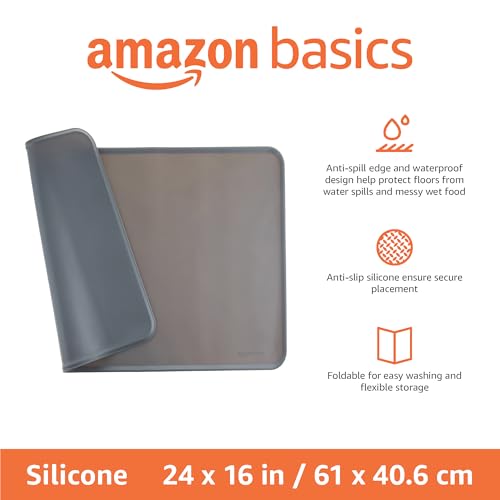 Amazon Basics Waterproof Non-Slip Silicone Pet Food and Water Bowl Mat with Raised Edge, Feeding Placemat to Protect Floors, 24" x 16", Grey - color: Grey, style: 24" x 16"