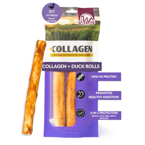 Wild Eats Real Duck Collagen Stick Dog Treat 10", 3 Count, Retriever Rolls | Long lasting rawhide and grain free chews, low fat recipe, suits medium and large breeds, satisfies natural gnawing urges - size: 11 Ounce (Pack of 3)