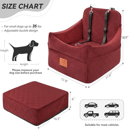 GL GLENSLAVE Dog Car Seat for Small/Medium Dogs, Dog Booster Car Seats with Thick Cushion for Dogs Under 35lbs, Detachable Washable Pet Carseat with Storage Pockets, 2 Safety Belts(Red) - color: Red