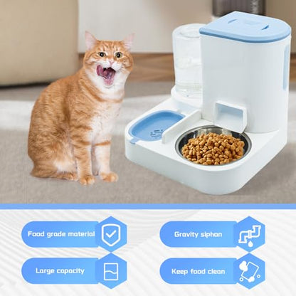 Automatic Cat Food and Water Dispenser Set 2 in 1, All-in-One Gravity Pet Feeder with Stainless Steel Cat Food Bowl Travel Auto Supply Feeder and Water Dispenser for Small Medium Cats Dogs (Blue) - color: 【Bule】