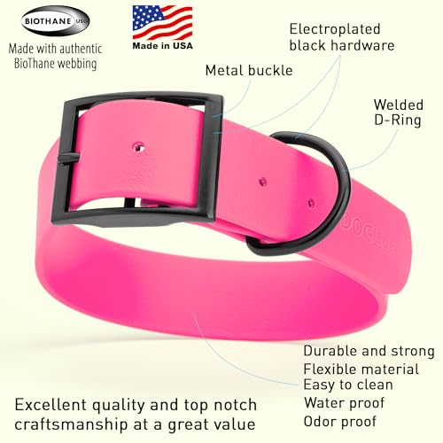 Dogline Biothane Waterproof Dog Collar Strong Coated Nylon Webbing with Black Hardware Odor- Proof for Easy Care Easy to Clean High Performance Fits Small Medium or Large Dogs, Passionfruit Pink