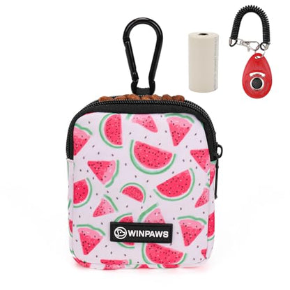 Dog Treat Pouch with Training Clicker,Waterproof Nylon Fabric Poop Bag Holders for Leashes,Hands Free Small Dog Walking Bag with Carabiner, Pet Puppy Training Walking Essentials (Watermelon) - color: Watermelon