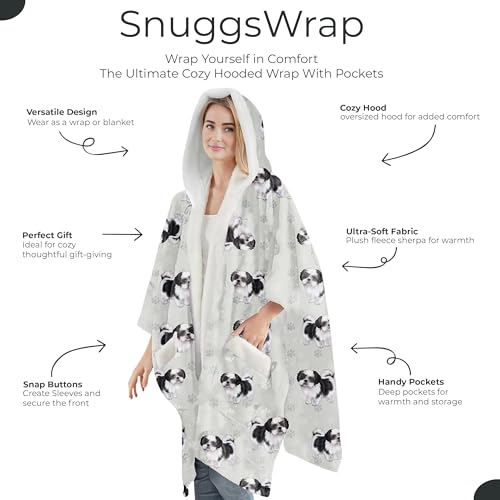 E&S Pets Sherpa Wearable Blanket Hoodie for Women – Soft Fleece Snuggs Wrap – 32 Dog & Cat Breeds – Warm Pet Lover Gifts - color: Shih Tzu Black N White