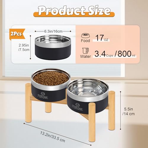 UPSKY Elevated Dog Bowls – 27oz Stainless Steel Anti-Spill Set with Wooden Stand, Double Raised Bowls for Small/Medium Dogs to Reduce Neck Strain & Improve Digestion - color: Black