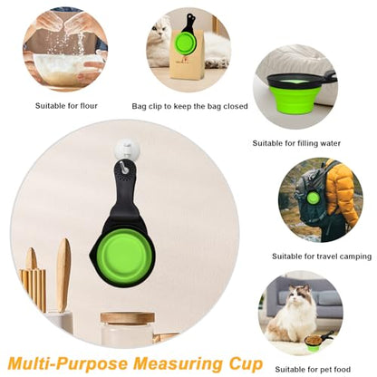 Collapsible Dog Food Scoop Foldable Pet Food Bag Clip 3 in 1 Multi-function Silicone Cat Food Measuring Cup Scoop Dog Food Scooper Pet Food Storage Clip (Green, 1 Cup Capacity(1 Pack)) - color: Green, size: 1 Cup Capacity(1 Pack)