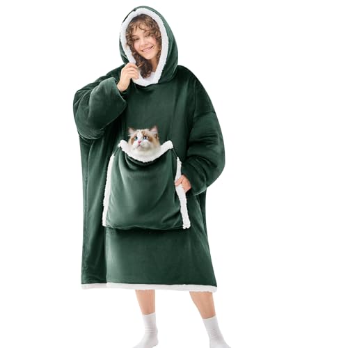 JOYWOO Green Oversized Wearable Blanket Hoodie, Cat lovers Long Hoodie Blanket for Adult,Birthday Gifts for Women Mom Grandma,Cozy Sherpa Hooded Blanket Giant Pocket Winter Gifts,Dark Green,Oversize - color: Dark Green, size: Oversize