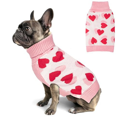 KYEESE Valentines Dog Sweater, Turtleneck Small Dog Sweater, Warm Pet Clothes with Heart Print, Stretchy Pullover Dogs Sweaters for Small Dogs, Comfy Pet Coat with Leash Hole, S - color: 1#Valentine, size: Small (4-7lbs)