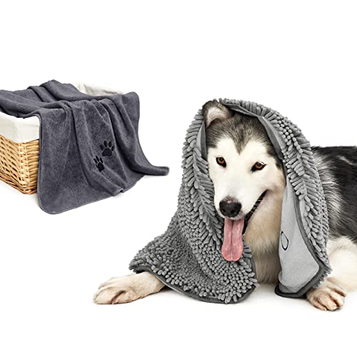 HOMEIDEAS 2 Pack Dog Towels Set, Chenille and Microfiber, Super Absorbent Soft Bath Shammy Towel with Hand Pockets for Pets Drying