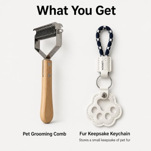2-in-1 Dog Undercoat Rake and Dematting Tool - Durable Stainless Steel Deshedding Brush with Ergonomic Wooden Handle - Grooming Rake for Long Haired Cats & Dogs with Hair Keepsake Keychain(L)