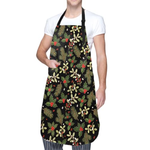 Sweetshow Cute Dog Apron with 2 Pockets and Adjustable Neck Waterproof Kitchen Cooking Dog Grooming Aprons for Women Men - color: Holly Berry