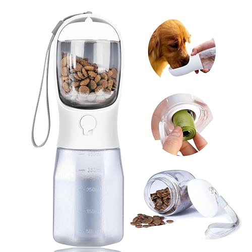 Dog Water Bottle with Food Container, Portable Pet Dog Water Dispenser for Outdoor Walking,Hiking,Travel,Puppy Essentials,Puppy Supplies,Replaceable Waste Bags - color: White, size: 15oz