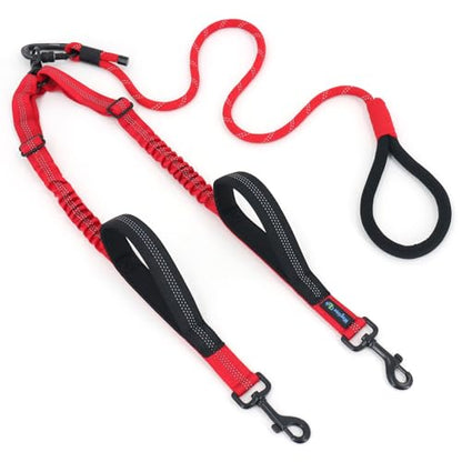 Double Dog Leash No Tangle – Dual Dog Leash for 2 Dogs with Shock Absorbing Bungee, 360° Swivel, Reflective Safety, Heavy Duty for Medium & Large Dogs (Carnation Red) - color: Carnation Red