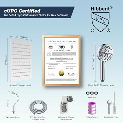Hibbent All Metal CUPC Certified Shower Head, 8'' High Pressure Rainfall Shower Head, Handheld Showerhead Combo, 12'' Adjustable Extension Arm, 10 Sprays, 71'' Shower Hose, Showerhead Holder, Chrome - color: Chrome, style: Square 8''