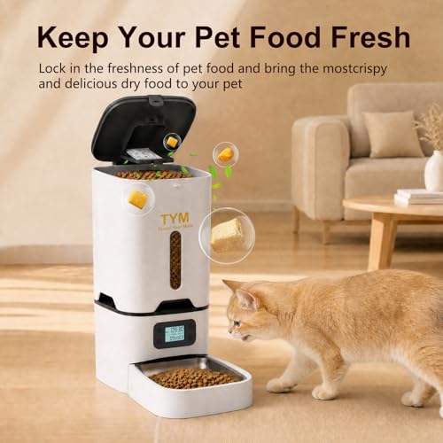 TYM Automatic Cat Feeder, 7L Large Capacity Cat Food Dispenser with Programmable Timer, Portion Control up to 9 Meals/Day, Dual Power Supply, Fresh Food, Easy to Clean for Cats and Small Dogs - color: White-1a