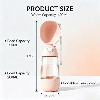 2-in-1 Dog Water Bottle, 400ML Water + 200ML Food Leak-Proof Pet Travel Water Dispenser with Detachable Bowl, BPA-Free Portable Dog Water Bottle for Walking, Hiking, Travel (Pink) - color: Pink