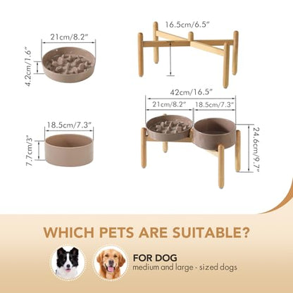 Havniva 8.2” Raised Slow Feeder Dog Bowls Set, 1.6 Cups Ceramic Slow Feeder Dog Bowl and 7.3” Dog Water Bowl with Elevated Wooden Stand Puzzle Dog Food Bowl for Medium Dogs Anti-Gulping & Anti-Choking - color: 2 x Brown Coffee+Stand-C, size: 8.2inch
