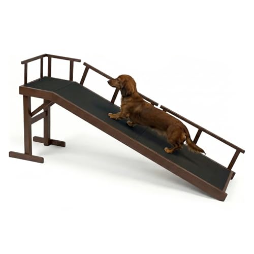 73" Dog Ramp for Bed with Rest Platform & Glow Strips, 20° Gentle Slope, EVA Non-Slip Surface, Removable Safety Rails, Birchwood Solid Wood, for Small, Large & Senior Dogs, Joint Protection, Brown - size: 73.2"L x 25"H x 15.7"W