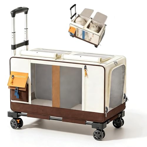 Large Cat Carrier with Wheels for 2 Cat, Double Rolling Pets Carrier on Wheel, Folding Soft-Sided Carriers with Telescopic Handle, Shoulder Strap Removable Soft-Sided Bag for Car, Vet, Outing - color: Brown
