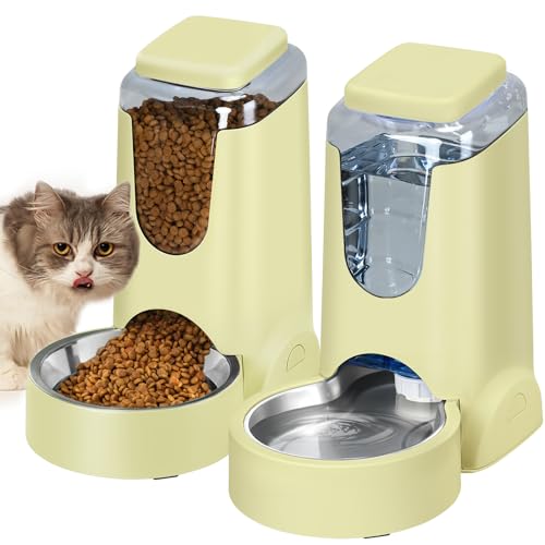 HWONMTE Portable Automatic Cat Feeder and Water Dispenser with Stainless Steel Bowl Dog Gravity Food Feeder and Waterer for Small Medium Pets Puppy Kitten 1 Gallon x 2 (Cream Yellow) - color: Cream Yellow