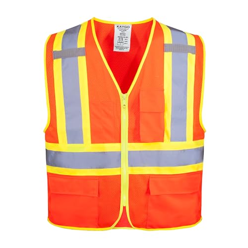 KAYGO Reflective High Vis Safety Vest with Pockets for Men and Women KG0100 | Breathable Polyester Lightweight, Two-Tone, ANSI Class 2, for Construction, Warehouse, Surveying, Cycling, Machine Washable - color: Orange, size: X-Small