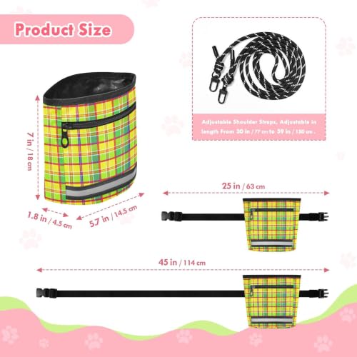 Plaid Water-Resistant Dog Treat Pouch, 3 Ways to Wear Treat Bag with Magnetic Closure & Reflective Strip, Hands-Free for Pet Training, Walking