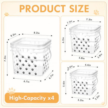4 Pack Airtight Dog Food Storage Containers (5l/3l/2l) Clear Plastic Paw Storage Bins with Handle and Lids, Pet Treat Stackable Square Buckets for Dog Kibble Cat Snacks Pantry Dry Goods - size: 8.27 x 8.27 x 7.48 Inches