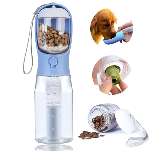 Dog Water Bottle with Food Container, Portable Pet Dog Water Dispenser for Outdoor Walking,Hiking,Travel,Puppy Essentials,Puppy Supplies,Replaceable Waste Bags - color: Blue, size: 20oz