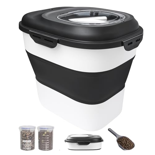 30-35 Lbs Dog Food Storage Container Collapsible Dog Food Container with Airtight Lids, Wheels, Scoop and 2pcs Food Storage Containers, Large Pet food storage for Dog, Cat (Black) - color: Black