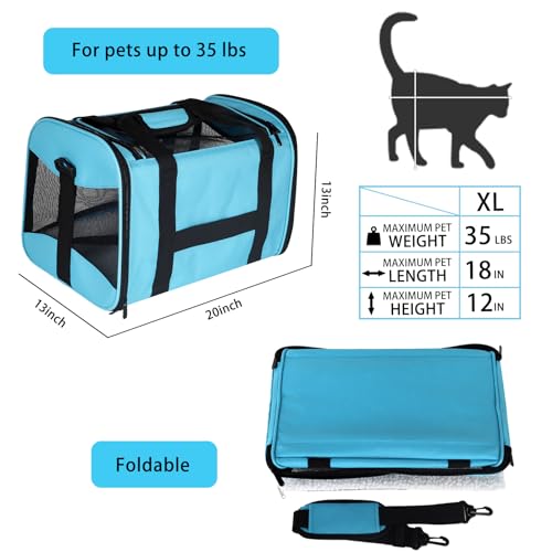 Cat Carrying Case - Pet Carrier Airline Approved, Protable and Breathable Pet Travel Carrier Removable Fleece Pad, Collapsible Cat Carrier Dog Carrier for Medium Cats Small Cats Dogs(X-Large, Blue) - color: blue, size: 20.0"L x 13.0"W x 13.0"H