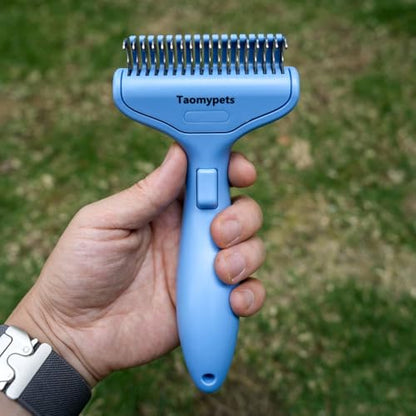 Self Cleaning Grooming Rake Brush for Shedding Gently Removes Loose Undercoat Mats Tangled Deshedding Grooming Tool for Dogs Cats Extra Wide (Blue) - color: Blue